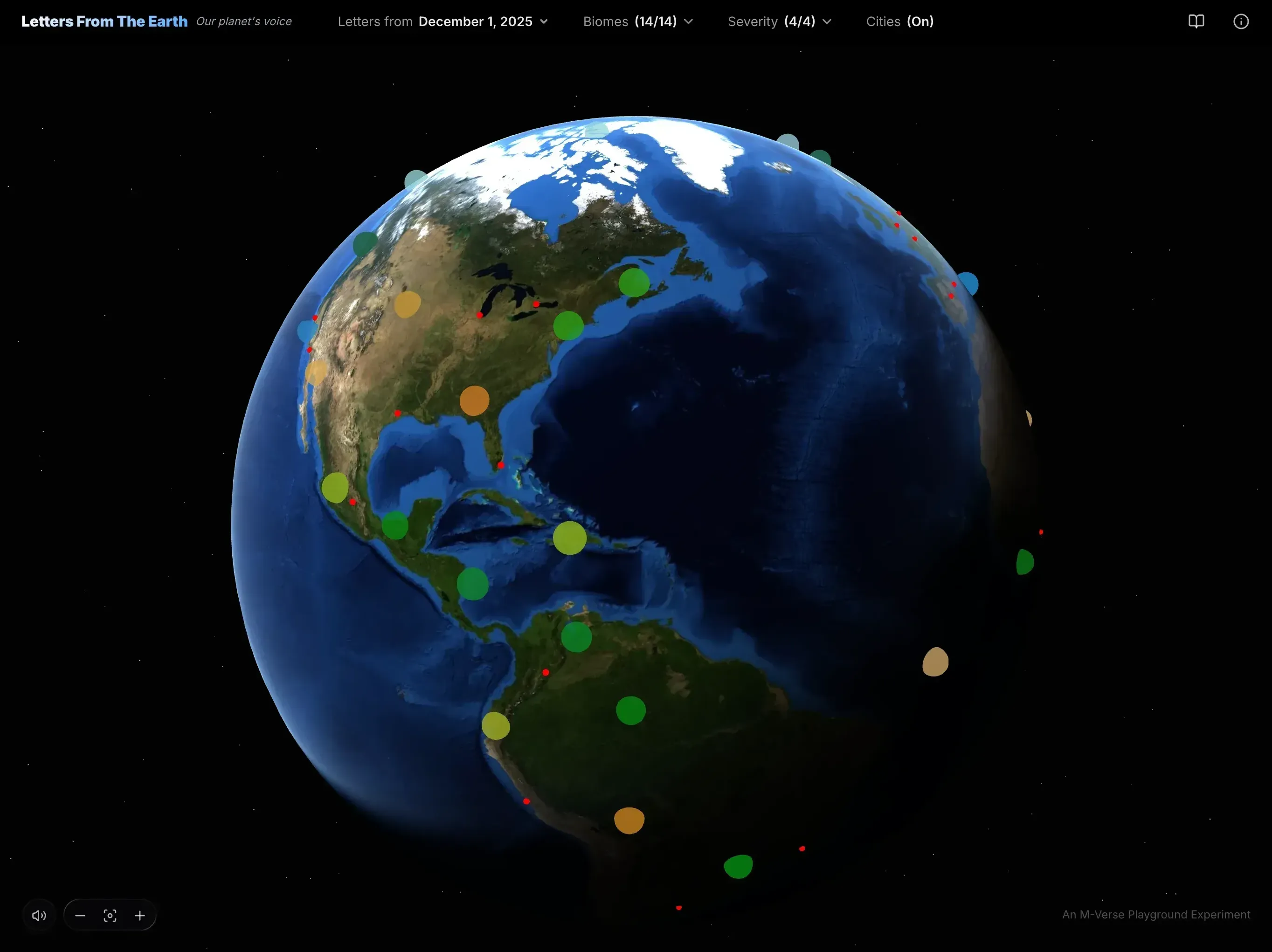 Interactive globe showing 103 daily locations with global coverage markers